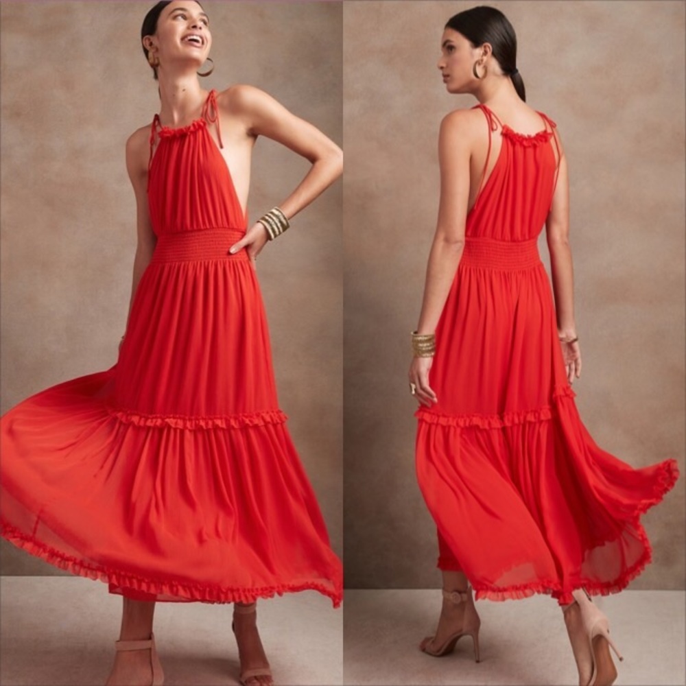Banana Republic Red Tiered Ruffle Halter Maxi Dress